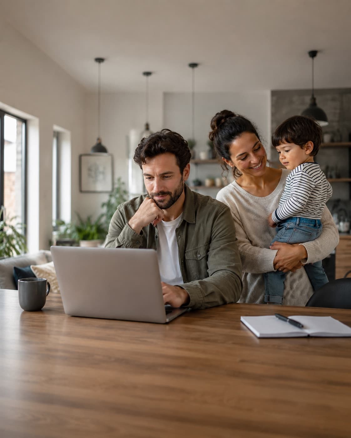 A father working at a laptop while a mother holds their toddler at home